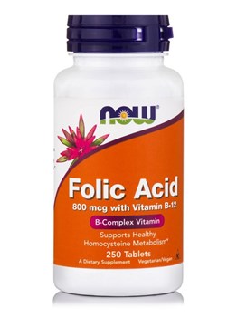 Picture of NOW  Folic Acid 800 mcg with Vitamin B-12 250 Tablets