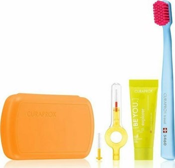 Picture of Curaprox Travel Set Οδοντόκρεμα 10ml, Οδοντόβουρτσα Πτυσσόμενη, Μεσοδόντιο Βουρτσάκι Καθαρισμού & Κουτί Μεταφοράς Πορτοκαλί