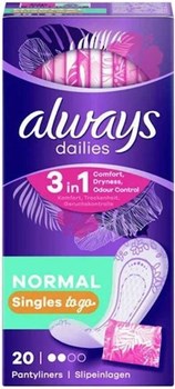 Picture of Always Dailies Singles Normal Individual Pocket Σερβιετάκια για Κανονική Ροή 2 Σταγόνες 20τμχ