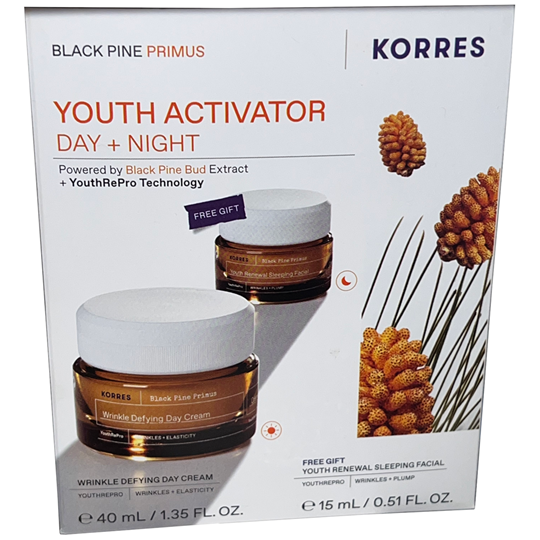 Picture of Korres Black Pine Primus Youth Activator Day + Night Σετ Περιποίησης για Αντιγήρανση 40ml, Ενυδάτωση & Σύσφιξη 15ml 2τμχ
