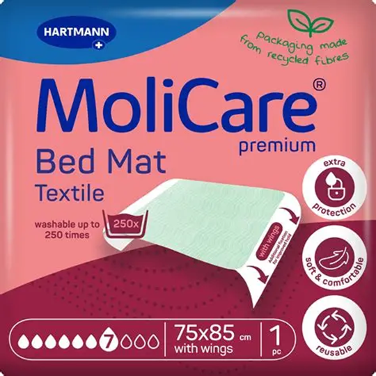Picture of MoliCare® Premium Bed Mat Τextile Υποσέντονο πολλαπλών χρήσεων 7 σταγόνων με πτερύγια συγκράτησης (75x85cm) 1 τεμάχιο